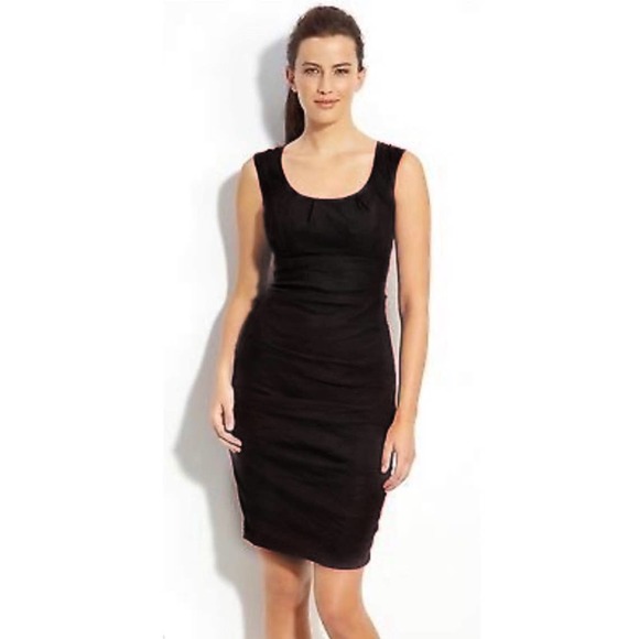 Eileen Fisher Italian Cotton Ruched Sheath Dress Size 4 Black Stretch Cocktail - Picture 1 of 8